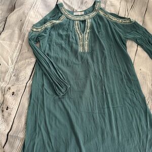 Time and Tru Teal dress with White Embroidery Cold Shoulder Size XL